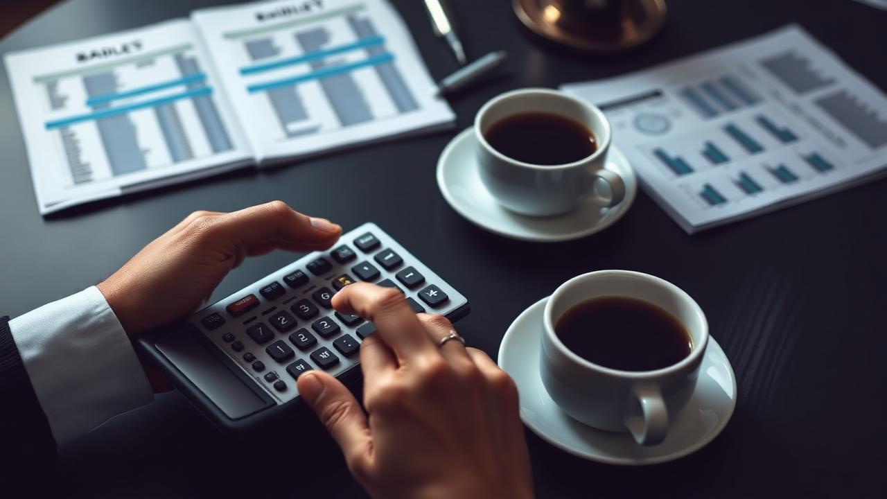 Calculatrice et tableaux de budget média sur un bureau sombre