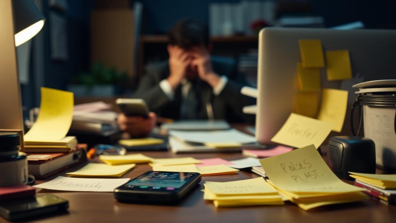 Bureau encombré avec un téléphone qui sonne sans réponse