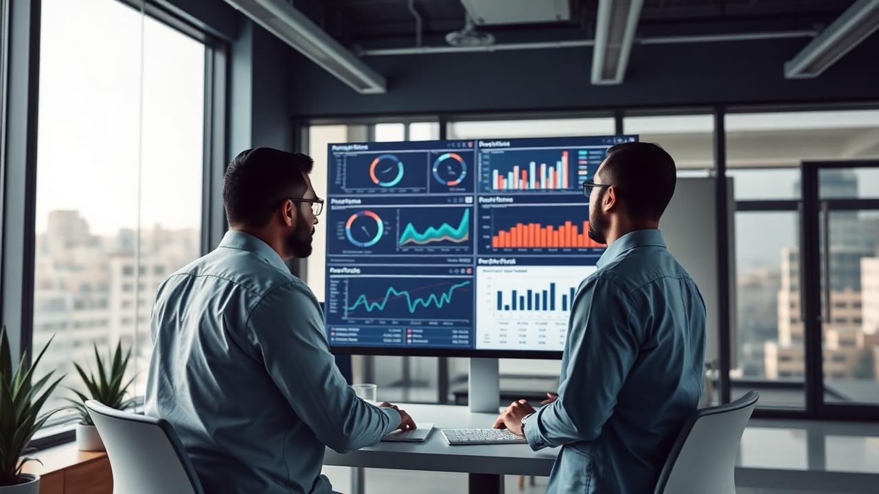 Deux professionnels analysant des tableaux de bord d'acquisition dans un bureau à Casablanca