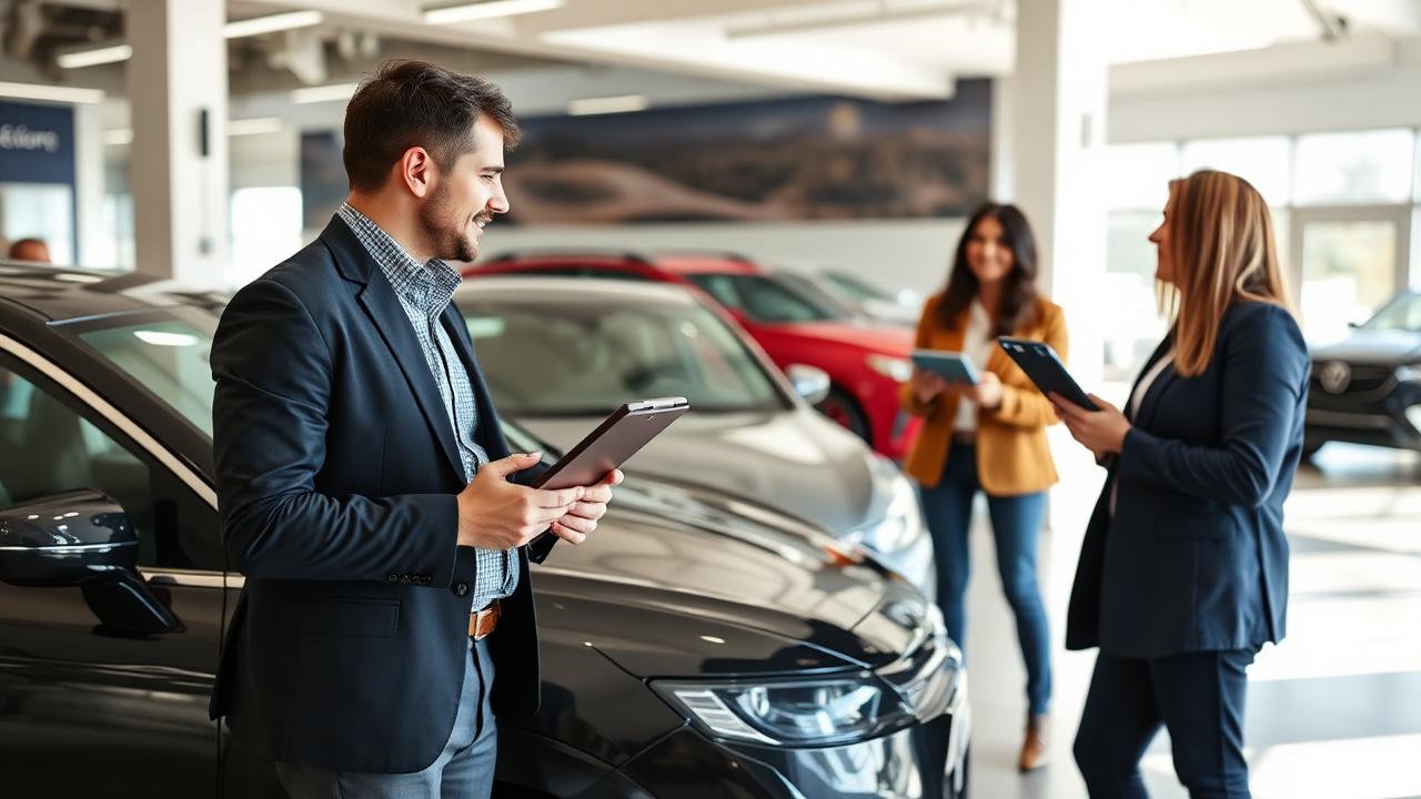 Conseiller commercial accueillant un client dans un showroom automobile