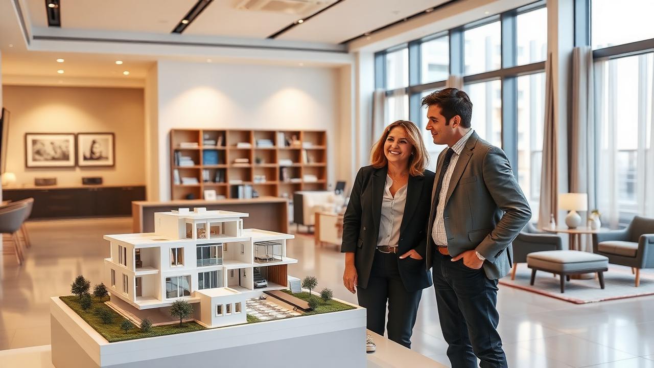 Couple visitant un bureau de vente immobilier avec maquette du projet