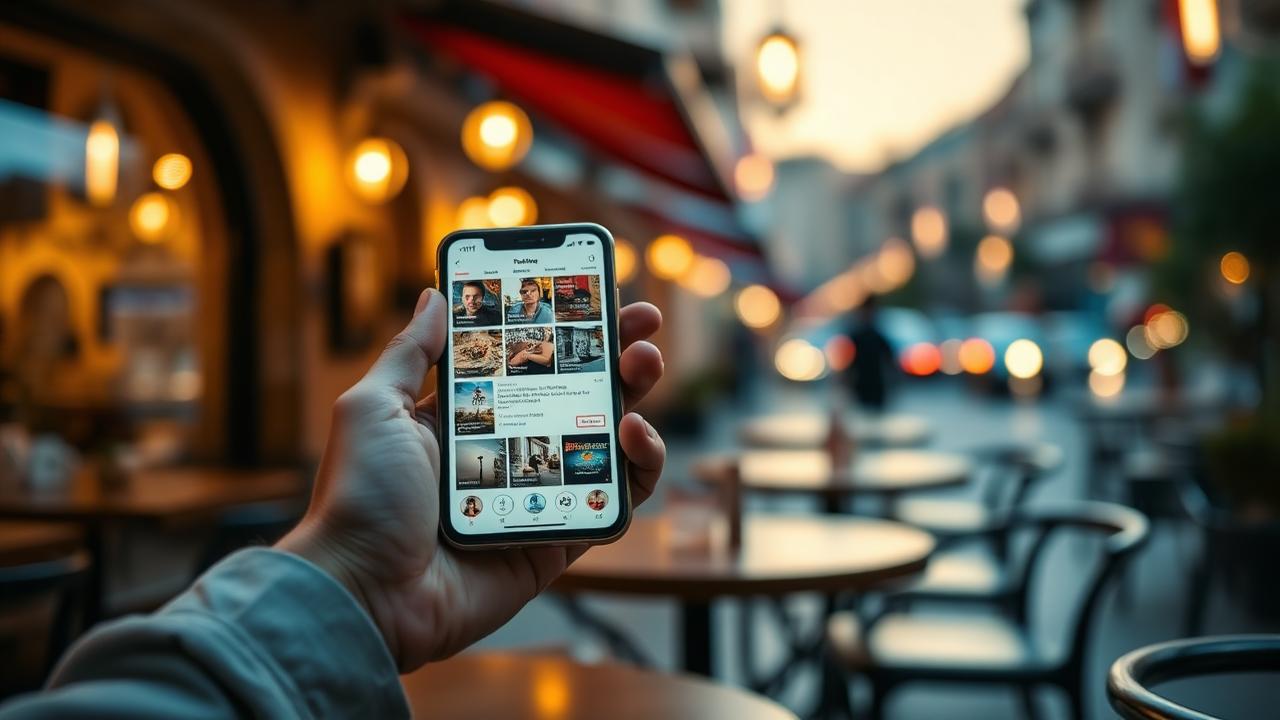 Prospect consultant un fil de publicités sur son smartphone dans un café