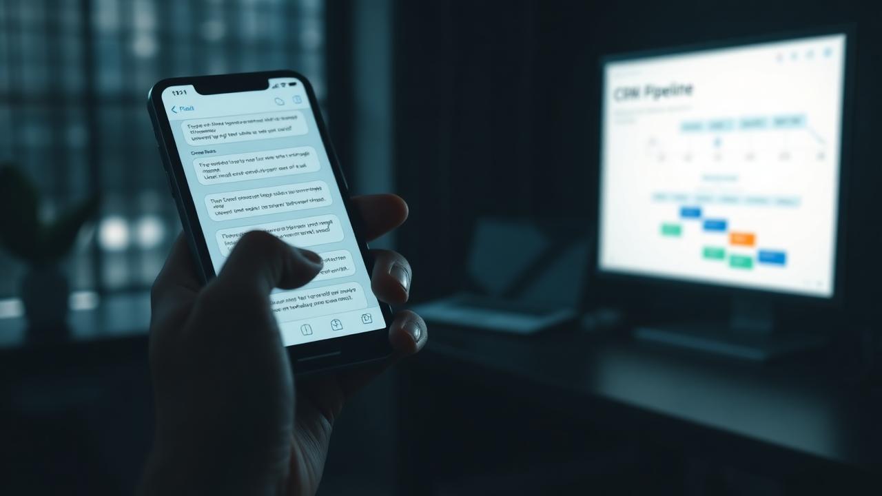 Smartphone affichant une conversation de suivi et écran de pipeline CRM